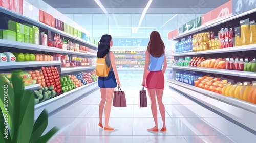 Women choosing products in supermarkets, ready-to-eat food, shopping photo