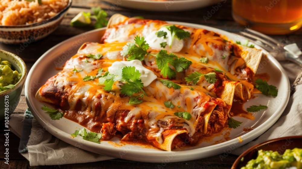 A plate of savory chicken enchiladas with melted cheese, sour cream