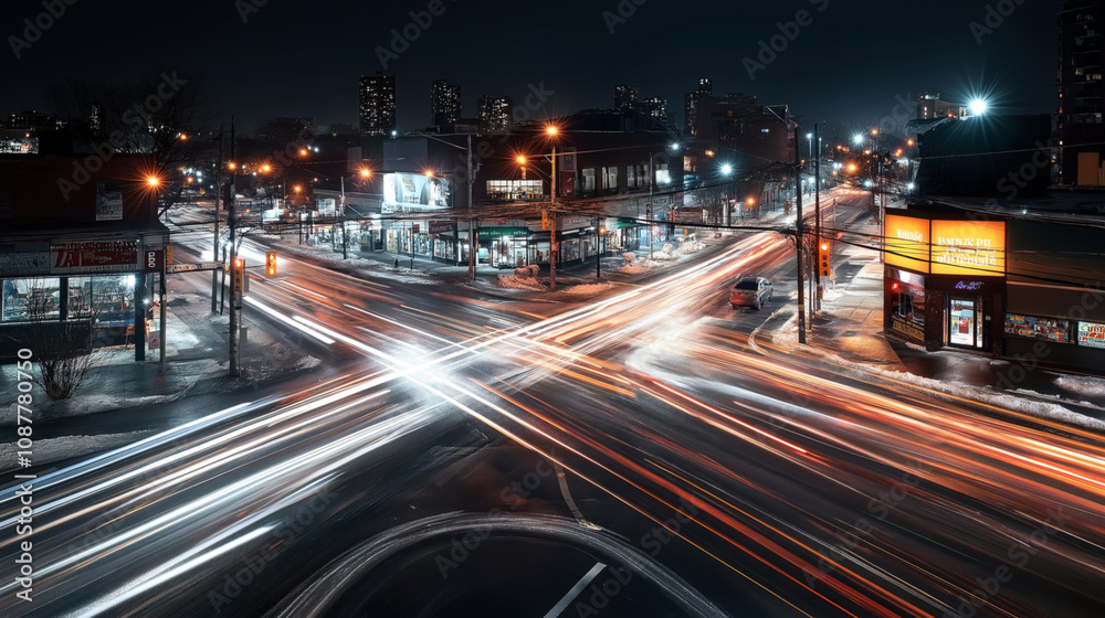 Urban intersection at night with light trails from moving vehicles, surrounded by illuminated buildings and city lights, capturing the bustling city life and motion in a winter setting. Urban intersection at night with light trails from moving vehicles, surrounded by illuminated buildings and city lights, capturing the bustling city life and motion in a winter setting.