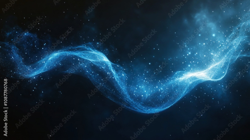 Abstract blue glowing wave with sparkling particles on dark background. Abstract blue glowing wave with sparkling particles on dark background.