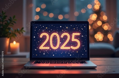 Wallpaper Mural 2025 on laptop monitor screen, festive New Year background. Bokeh, Christmas tree, blurred background, fireworks. Torontodigital.ca