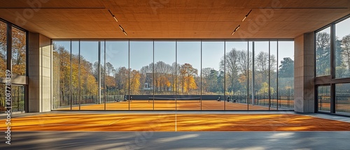 Indoor tennis court with large windows offering scenic autumnal views.