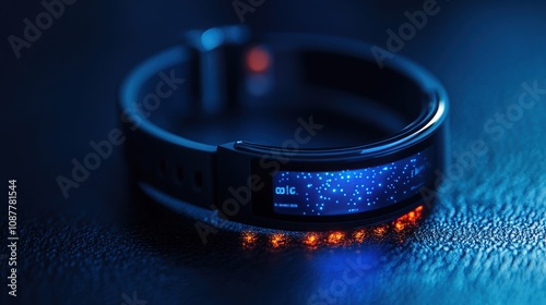 A futuristic fitness tracker with a glowing display and LED indicators.