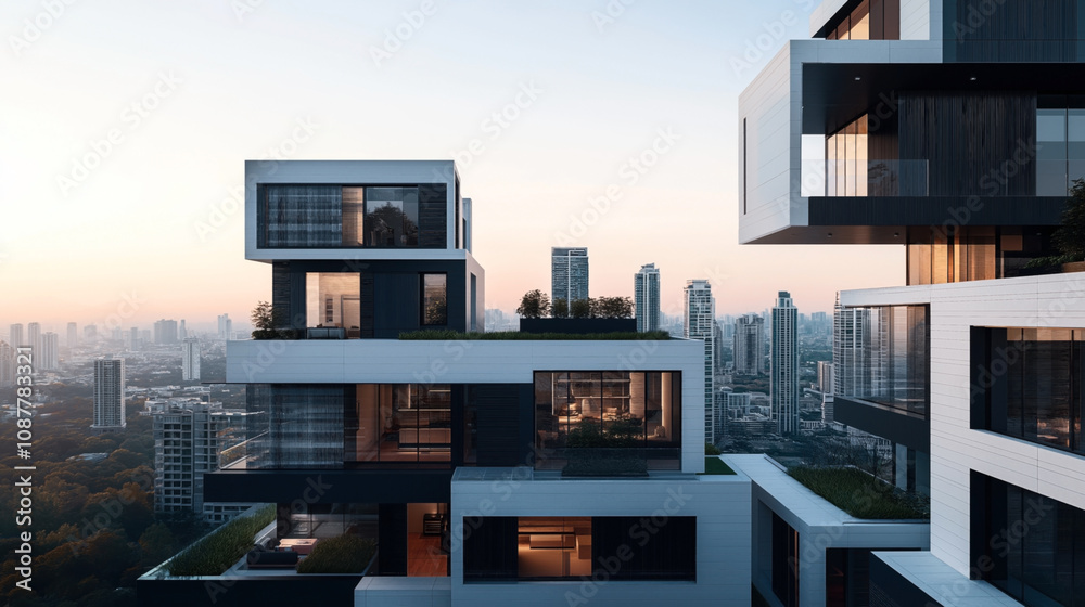 Modern architectural high-rise buildings with large windows and terraces surrounded by a cityscape during sunset, featuring urban skyscrapers and a clear sky in the background. Modern architectural high-rise buildings with large windows and terraces surrounded by a cityscape during sunset, featuring urban skyscrapers and a clear sky in the background.