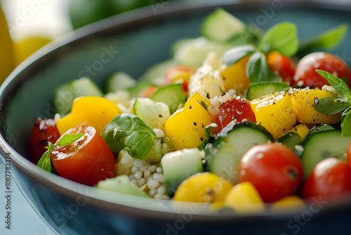 A vibrant summer salad with colorful tomatoes, cucumbers, and fresh herbs