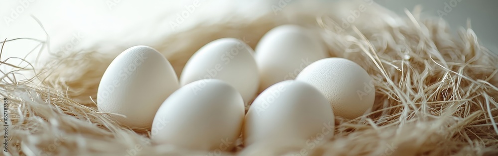 Fresh organic chicken eggs in straw nest with natural light Fresh organic chicken eggs in straw nest with natural light