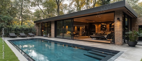 Modern house with infinity pool and glass walls opening to a living room.