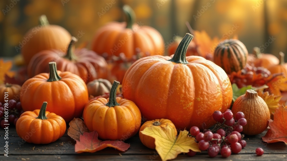 A variety of pumpkins in different shapes and sizes are arranged on a wooden table surrounded by colorful autumn leaves and small clusters of grapes, creating a warm harvest atmosphere A variety of pumpkins in different shapes and sizes are arranged on a wooden table surrounded by colorful autumn leaves and small clusters of grapes, creating a warm harvest atmosphere