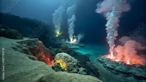 Hydrothermal vents in the Mariana Trench, deep ocean mystery and marine environment concept  
 photo