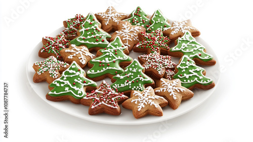 A plate of gingerbread cookies shaped like Christmas trees and stars photo