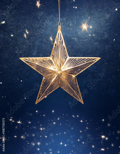 A golden star hangs in the air against a dark blue background decorated with tiny dots of light resembling stars in the sky