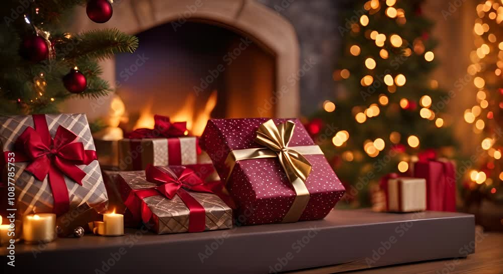 Christmas presents beside a cozy fireplace with twinkling holiday lights and a decorated tree in the background Warmth of the holiday season Video made using 4K Christmas presents beside a cozy fireplace with twinkling holiday lights and a decorated tree in the background Warmth of the holiday season Video made using 4K