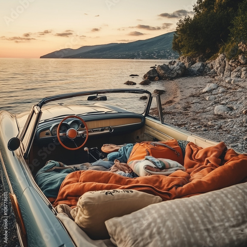 Vintage convertible car with cozy blankets at sunset by the beach for romantic getaway and relaxation