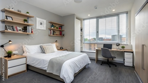 Modern university dorm room interior, contemporary student living concept  
