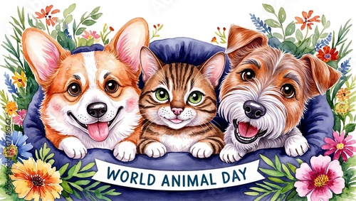 An adorable illustration of a corgi, a cat, and a terrier surrounded by colorful flowers, celebrating World Animal Day.  
 photo