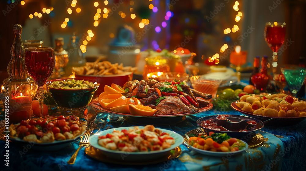 Fototapeta premium Romantic dinner table with candles and desserts