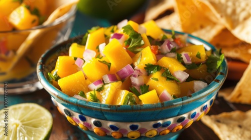 A refreshing bowl of mango salsa with diced mango, red onion