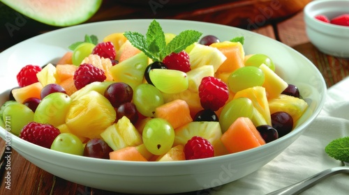 A refreshing bowl of mixed fruit salad featuring ripe strawberries, tangy pineapple