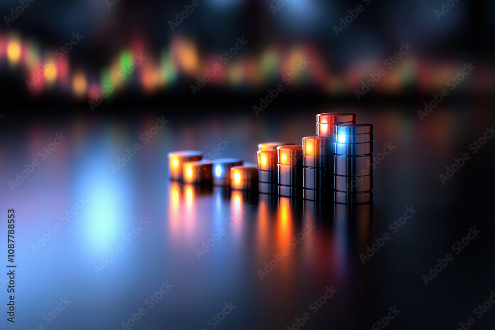 Vibrant light display with glowing cubes on a reflective surface at nighttime gathering Vibrant light display with glowing cubes on a reflective surface at nighttime gathering