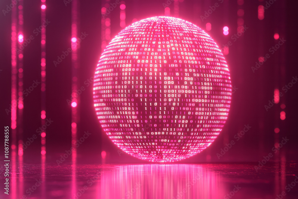Obraz premium A glowing matrix of binary code in a spherical shape,