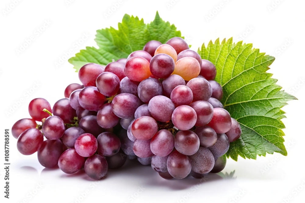 close-up of bunch of grapes with leaves on white background close-up of bunch of grapes with leaves on white background