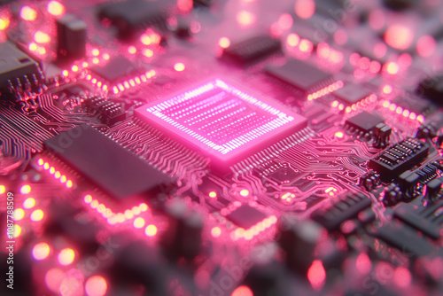 A tech-themed composition featuring a glowing circuit board with a command-line interface, isolated on a pastel rose background, photo