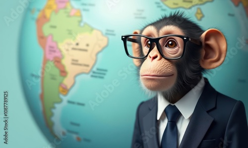 Monkey wearing glasses and suit is standing in front of globe. The monkey is wearing tie and he is businessman. Concept of humor and playfulness, as the monkey is dressed in formal attire photo