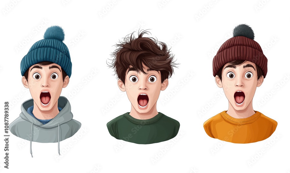 Fototapeta premium Three boys with surprised expressions wearing colorful beanies and sweatshirts indoors