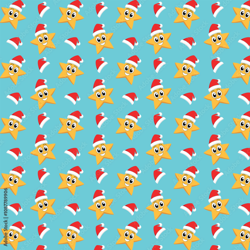 Fototapeta premium Funny, cheerful pattern with the image of a star and Santa's hat, Christmas pattern for printing on fabric and paper