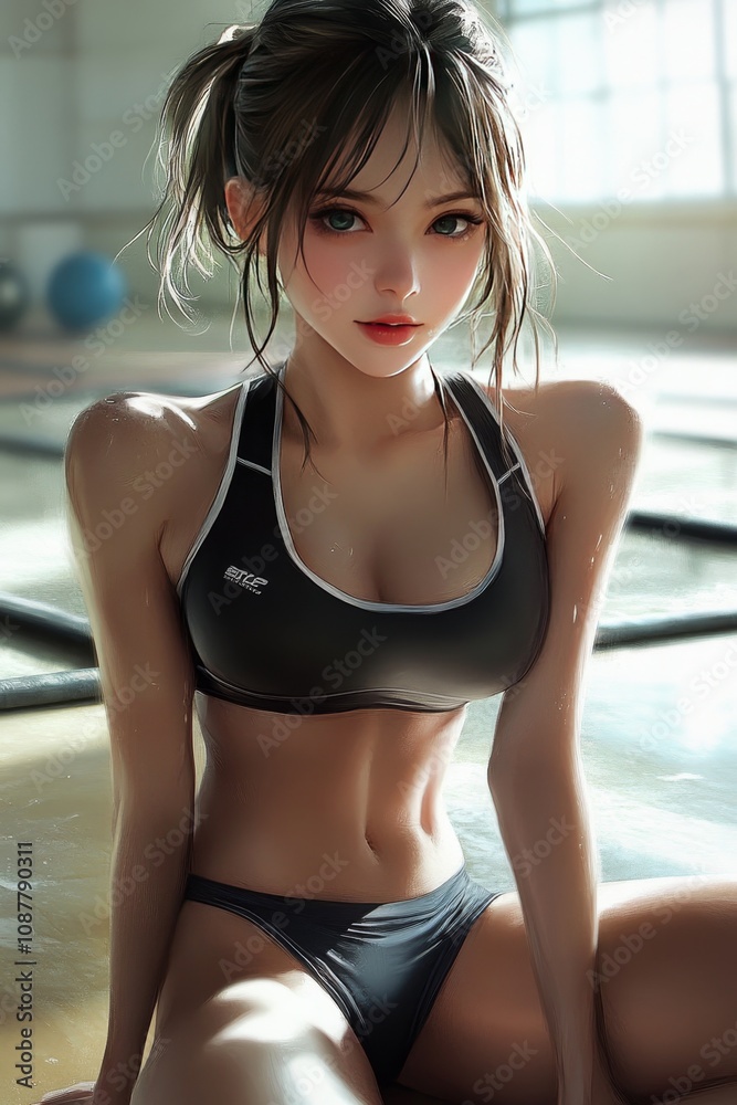 Sporty woman relaxing after exercising in gym Sporty woman relaxing after exercising in gym