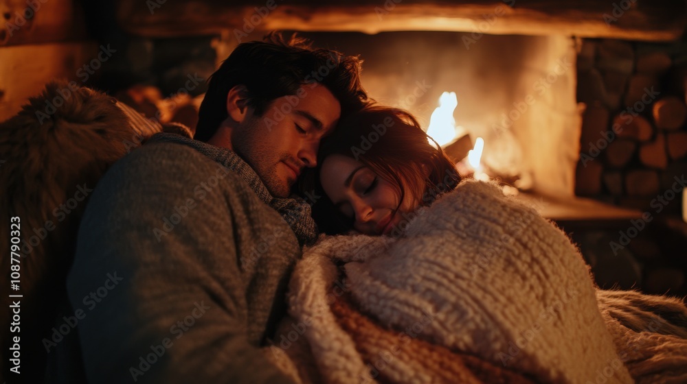 A couple enjoying a cozy moment by the fireplace in a rustic cabin, wrapped in a thick wool blanket, sharing warmth and intimacy as the fire casts a golden glow around them A couple enjoying a cozy moment by the fireplace in a rustic cabin, wrapped in a thick wool blanket, sharing warmth and intimacy as the fire casts a golden glow around them