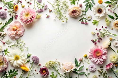 Delicate and intricate floral pattern created using real flowers and greenery on a plain white background, stems, botanical print, greenery