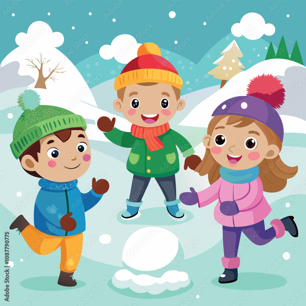 Fototapeta premium Kids Playing with Snowballs Vector Illustration