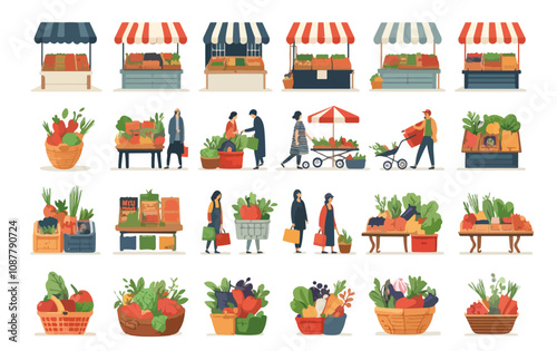 Vector illustration of market scenes, featuring stalls, fresh vegetables, fruits, and people shopping, perfect for themes of sustainability, local markets, and healthy eating
