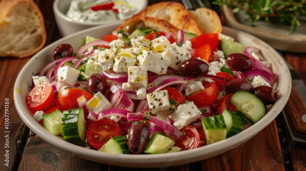 A refreshing Greek salad with tomatoes, cucumbers A refreshing Greek salad with tomatoes, cucumbers