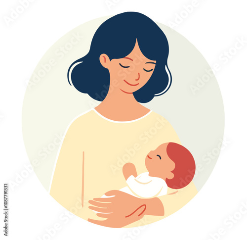 Vector illustration of a loving mother gently holding her baby in her arms. Perfect for themes of motherhood, care, and family bonding