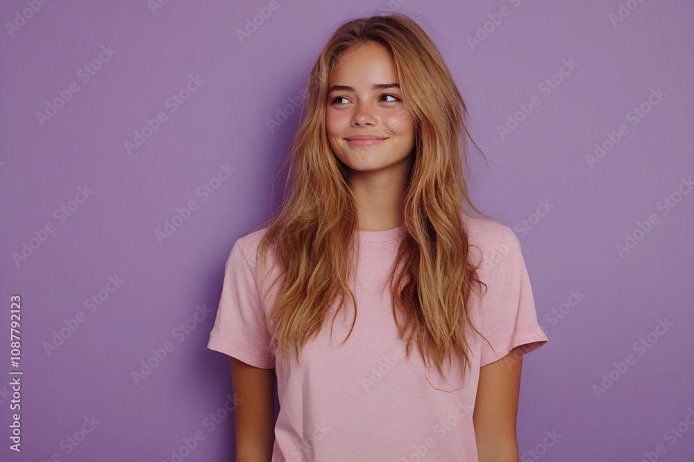 Young happy gen z model student wearing pink shirt isolated on purple background looking away holding smartphone. Smiling woman using cell phone advertising mobile services. Young happy gen z model student wearing pink shirt isolated on purple background looking away holding smartphone. Smiling woman using cell phone advertising mobile services.