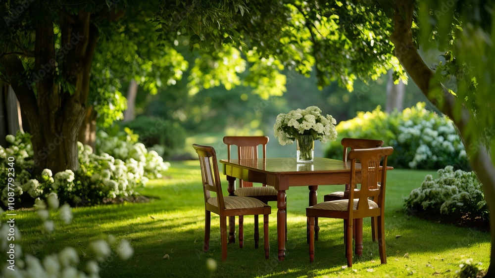 Serene Garden Scene: A charming garden scene features a wooden table and chairs set beneath a canopy of lush green trees, creating a tranquil spot perfect for relaxation and enjoyment. Serene Garden Scene: A charming garden scene features a wooden table and chairs set beneath a canopy of lush green trees, creating a tranquil spot perfect for relaxation and enjoyment.