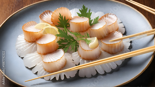 fresh scallop sashimi with chopsticks aside photo