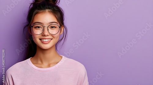 Young happy gen z model student wearing pink shirt isolated on purple background looking away holding smartphone. Smiling woman using cell phone advertising mobile services.