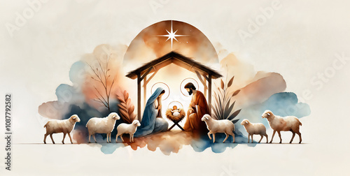 Nativity scene in Bethlehem. Watercolor painting. Christmas scene illustration showing Holy Family baby Jesus in the manger Mary and Joseph. Banner Copyspace