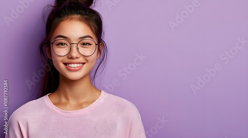 Young happy gen z model student wearing pink shirt isolated on purple background looking away holding smartphone. Smiling woman using cell phone advertising mobile services.