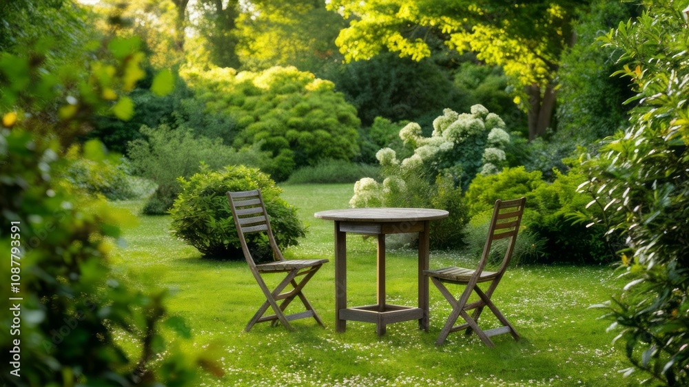 Serene Garden Retreat: An inviting outdoor scene featuring a wooden table and chairs set amidst a vibrant green garden, inviting relaxation and tranquility. Serene Garden Retreat: An inviting outdoor scene featuring a wooden table and chairs set amidst a vibrant green garden, inviting relaxation and tranquility.