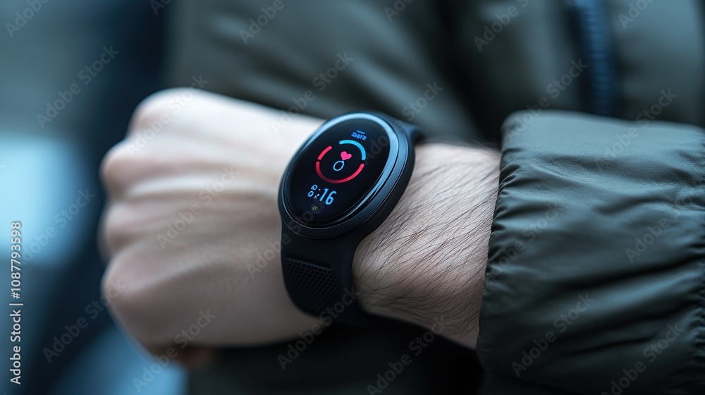 A close-up of a smartwatch on a wrist, displaying fitness tracking information. A close-up of a smartwatch on a wrist, displaying fitness tracking information.