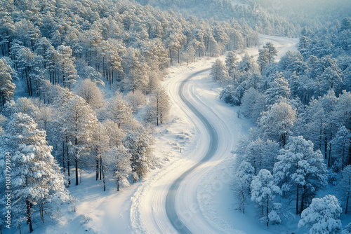 A minimalist aerial view of a winding road cutting through a snowy forest,