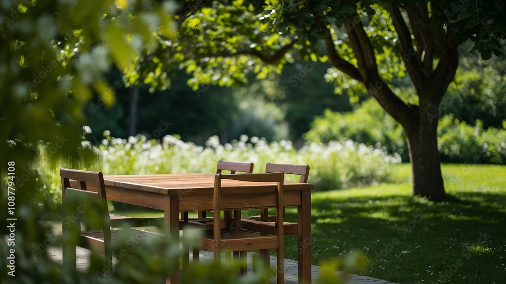 Outdoor Dining Paradise: A inviting wooden table set with chairs, nestled beneath the dappled shade of a large tree in a idyllic outdoor setting Outdoor Dining Paradise: A inviting wooden table set with chairs, nestled beneath the dappled shade of a large tree in a idyllic outdoor setting