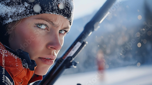 A close-up of a biathlete skiing through a snowy field with their rifle strapped to their back. The athleteâs determined expression and snowy backdrop highlight the intensity of th photo