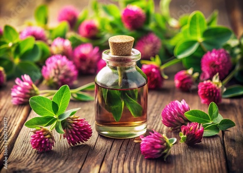 Vintage Style Photography of Red Clover Essential Oil with Flowers and Glass Bottle, Capturing the Essence of Nature's Remedies in a Rustic Setting