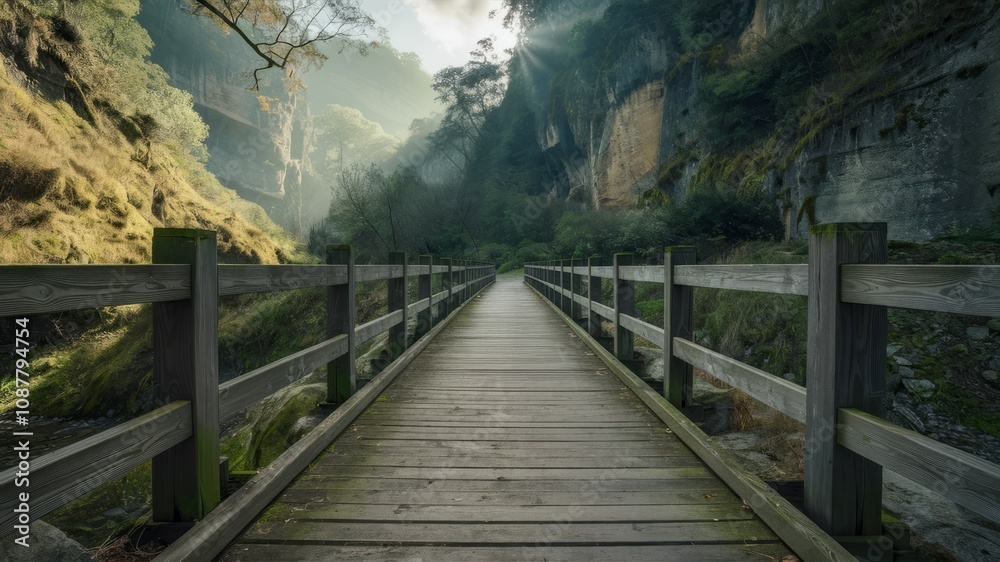 Pathway to Serenity: A wooden bridge spans a verdant valley, the pathway leading towards a sunlit expanse, evoking tranquility and beckoning exploration.