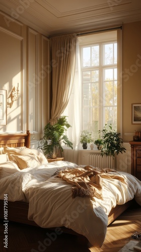 Sunlit Bedroom With Wooden ...